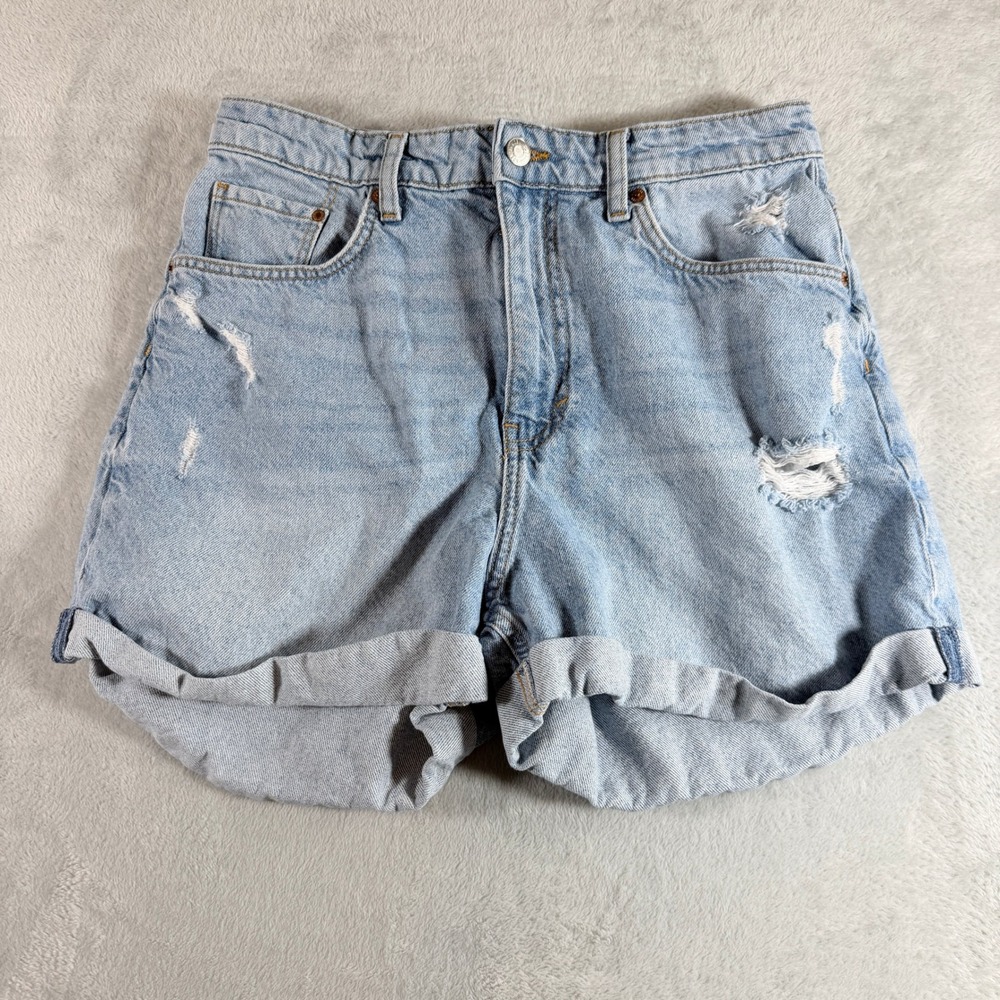 H&M HM Ultra High Waist Mom Shorts Light Blue Distressed Denim Cuffed Size 8 - Picture 1 of 9